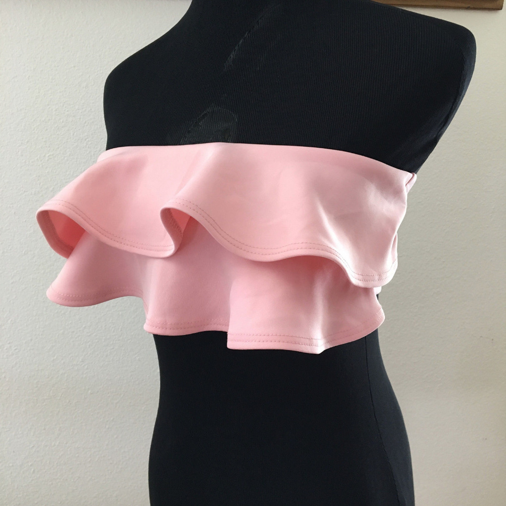 Light Coral Pink Tiered Ruffle Bando Top Sz S USA